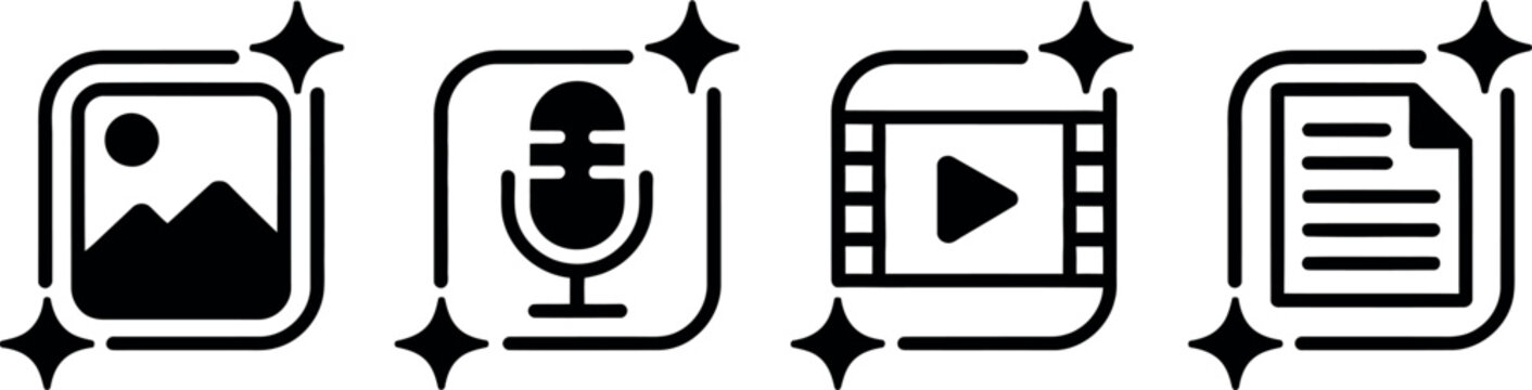 Collection of sparkling media file icons representing image audio video and document types for digital content
