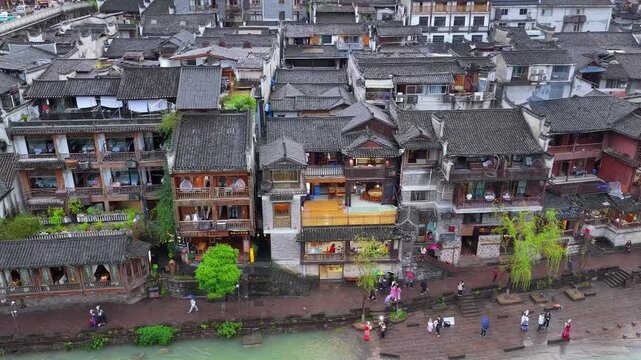 Aerial View of Fenghuang Ancient City at Day, China, Hunan Province, China