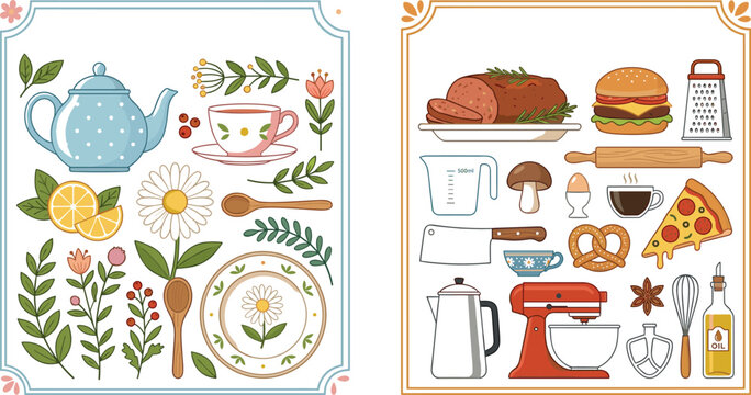 Kitchen Cooking and Tea Time Illustration Collection Featuring Floral Teapot Dinner Food Baking Utensils and Cozy Culinary Elements for Recipe Design