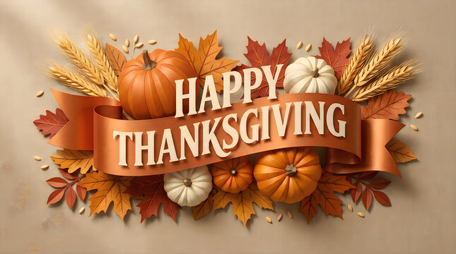 Happy thanksgiving greeting card design with pumpkins autumn leaves and wheat stalks