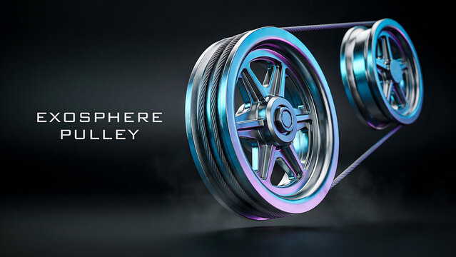Exosphere pulley system with two metallic wheels and cable for mechanical advantage in industrial applications
