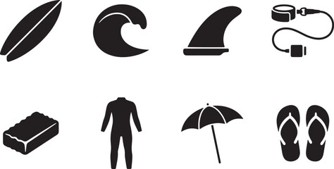 Obraz premium Surfing, beach icons, black, vector graphics, 8 elements, summer symbols isolated on Transparent Background