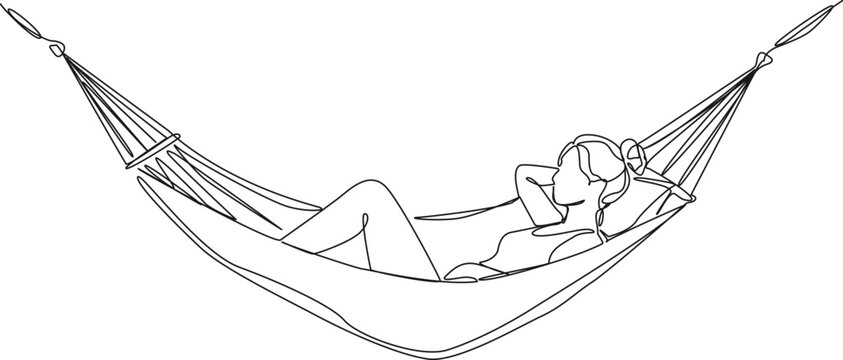 continuous line drawing of a young woman relaxing and lying in a hammock, minimalist self-care and summer vacation concept, line art vector illustration