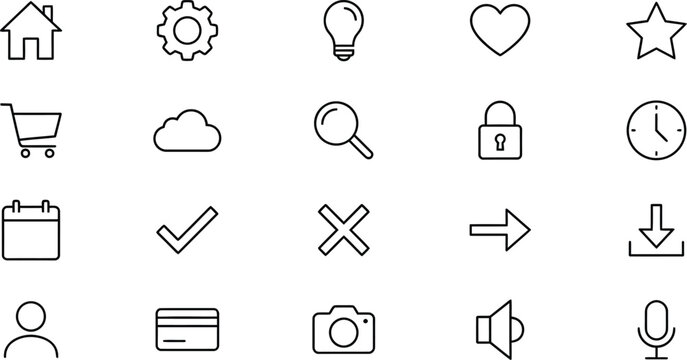 Set of 20 simple flat line icons for web and mobile UI design