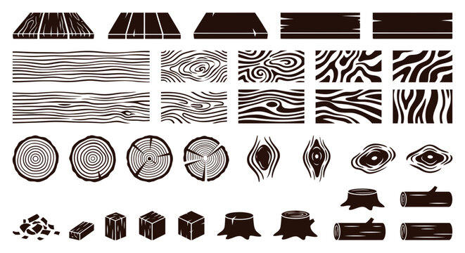 Black and white wood grain texture and pattern vector set