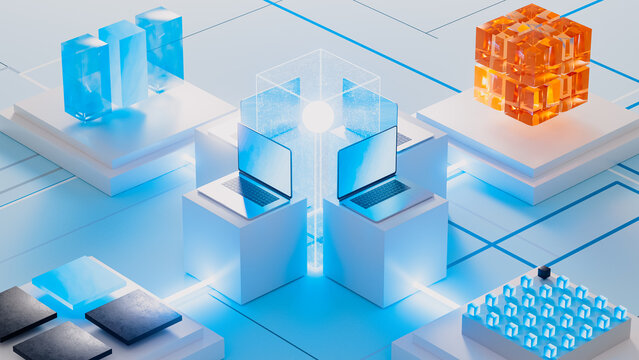 Futuristic technology network with data and laptop elements present