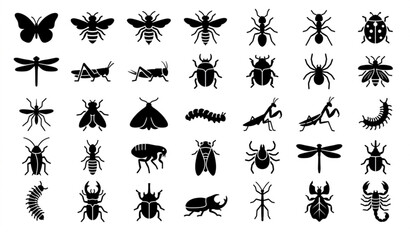 Various Insect and Bug Silhouette Icons Set – Minimal Black Vector Collection © Siburoy