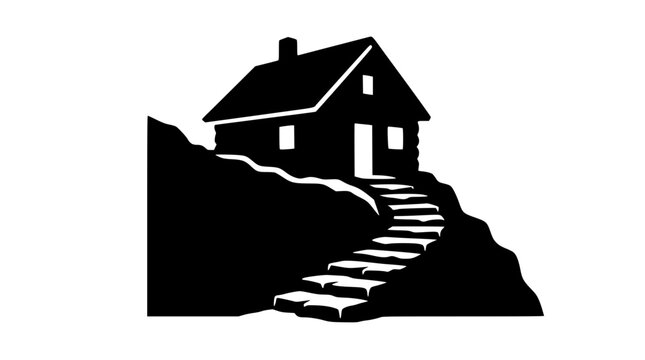 Minimalist black silhouette of a cozy cabin on a hill with stone steps