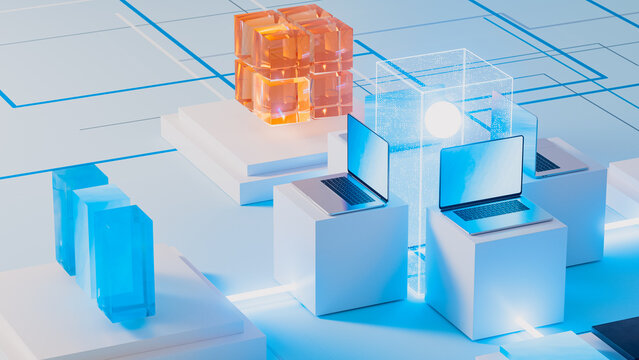 Futuristic technology network with data and laptop elements present