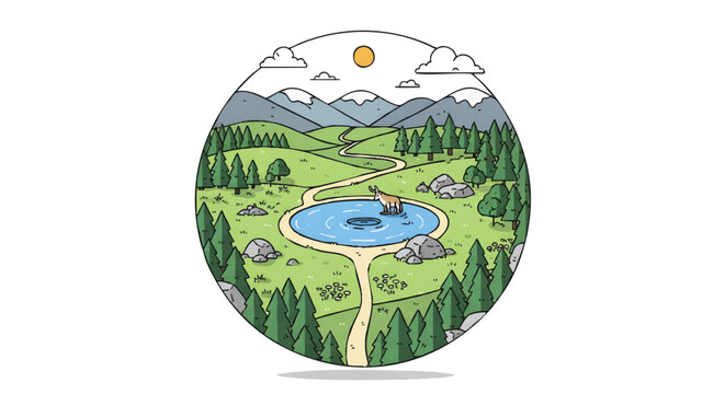 Minimalist Flat Line Art Mountain Landscape with Circular Pond and Deer in Nature