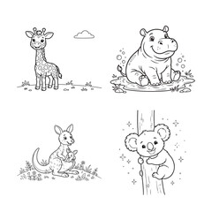 Obraz premium Cute Safari And Australian Animal Coloring Pages For Kids With Happy Giraffe Smiling Hippo Kangaroo With Joey And Adorable Koala Bear Vector Set