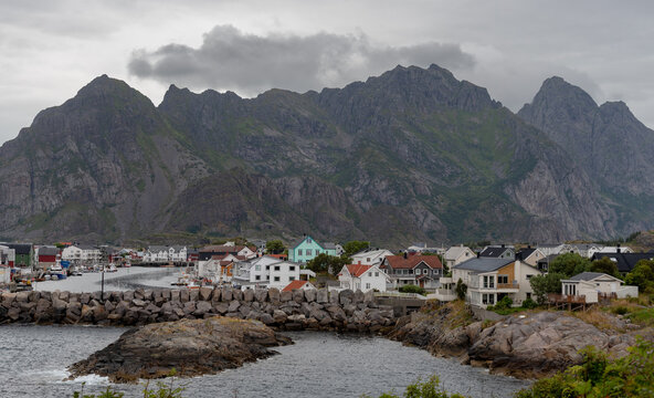 Henningsvaer fishing village in lofoten islands, norway, under cloudy sky