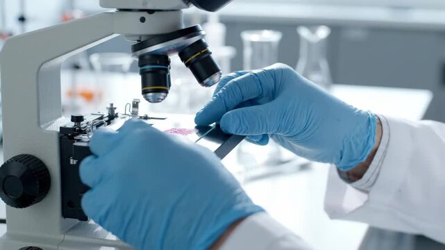 Scientist microscope laboratory research gloved hand slide analysis science experiment medical technology healthcare biology placing glass slide