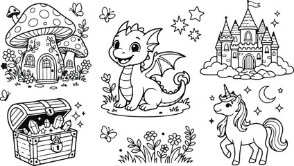 Fantasy coloring book page with dragon, unicorn, castle