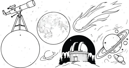 Black and white illustration of telescope and planets © Hello World