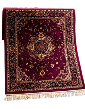 An intricately patterned burgundy Persian rug with gold accents and fringed edges.
