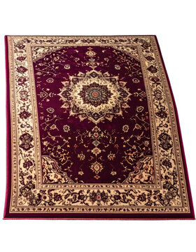 A richly patterned Persian rug with intricate floral designs and a deep burgundy background.