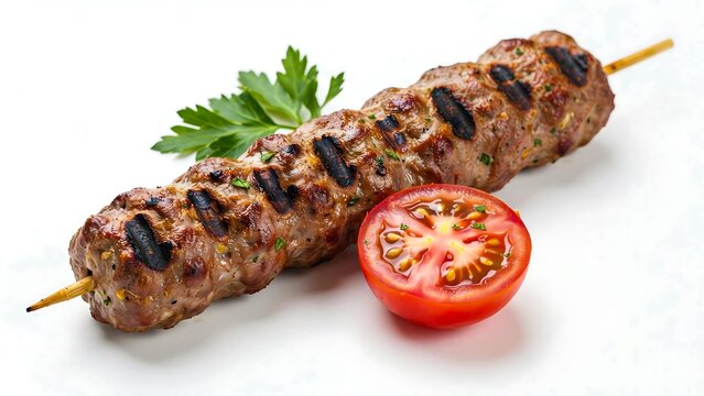 Grilled beef kebab skewer with tomato and parsley isolated on white background