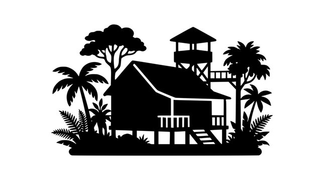 Tropical Stilt House Jungle Lodge Silhouette