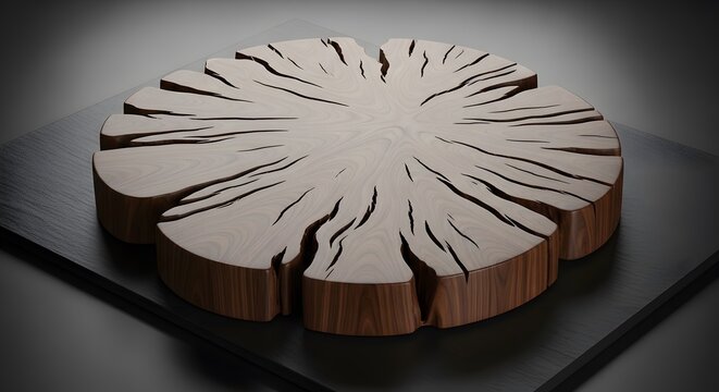 Abstract circular plate with deep radial cracks and dark shadows in a minimalist artistic style