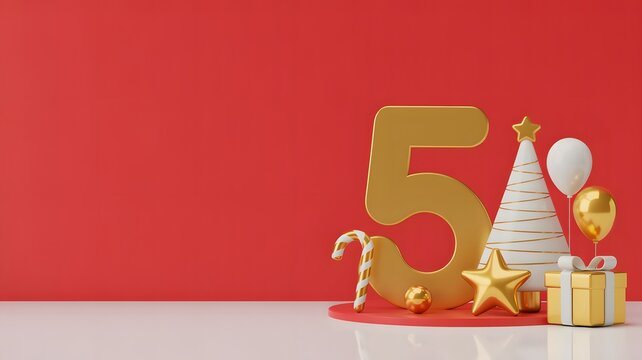 Golden number five with christmas tree and gift box on red background