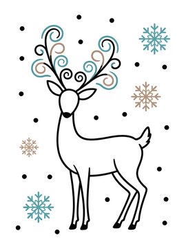 Cute hand drawn deer with swirl antlers and snowflakes for christmas and winter holiday design