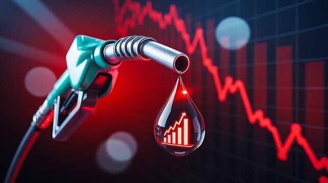 Falling fuel prices concept with gasoline nozzle and declining financial graph