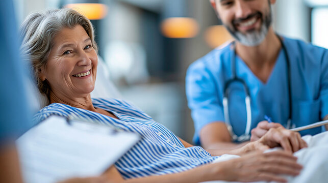 Faceless nurse with clipboard and happy old woman in hospital bed for medical assessment good news or recovery with healthcare staff presenting health report for healing update,