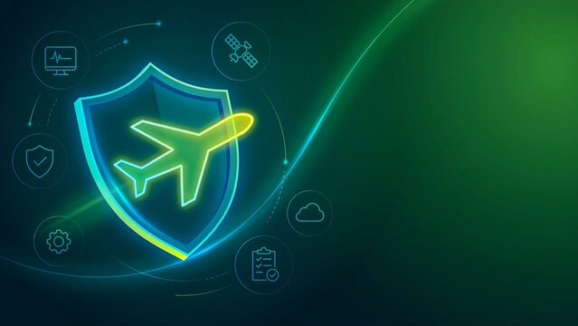 Air travel security concept with airplane shield and digital protection background