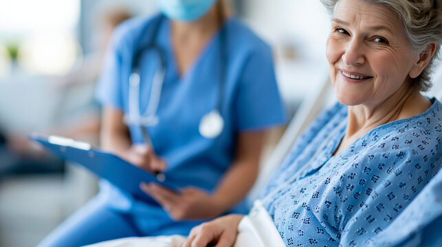 Faceless nurse with clipboard and happy old woman in hospital bed for medical assessment good news or recovery with healthcare staff presenting health report for healing update,