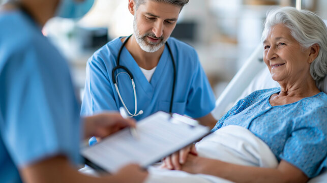 Faceless nurse with clipboard and happy old woman in hospital bed for medical assessment good news or recovery with healthcare staff presenting health report for healing update,
