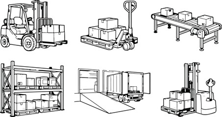 Warehouse forklift and pallet jack with boxes and shelves © Hello World
