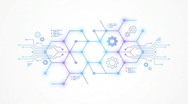 Digital transformation concept with interconnected hexagonal nodes and mechanical gear icons set against a clean white background for modern technology