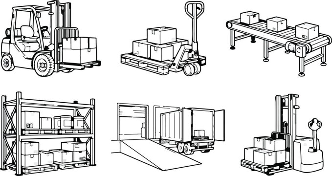 Warehouse forklift and pallet jack with boxes and shelves