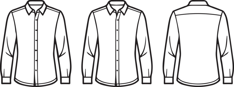 Men's long sleeve button down shirt technical fashion illustration silhouette set front back and side views