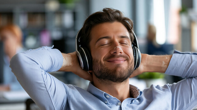 Faceless man with headphones relaxing at office with smile and relief after completing project at media company with person with vitiligo happy and listening to music on break,