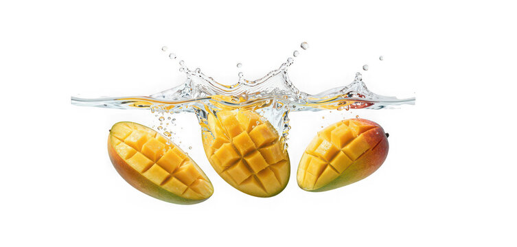 Fresh mango slices splashing into clear water on a white background