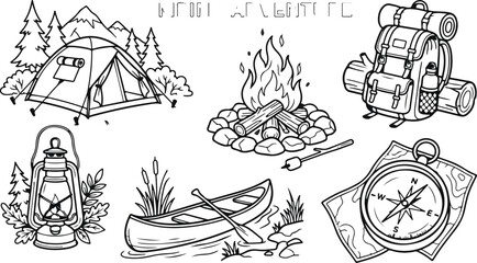 Camping icons set with tent canoe compass © Hello World