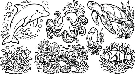 Underwater sea animals and coral reef line art © Hello World