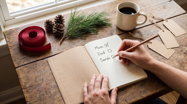 Hand checking off names on handwritten family Christmas gift list