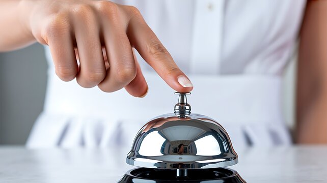 Customer pressing hotel reception service bell on counter close up