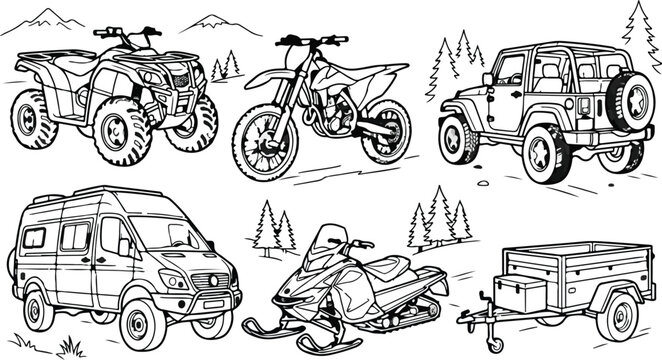Vehicles in a mountain landscape coloring page