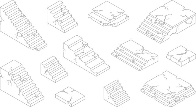 Isometric collection of ruined ancient stone stairs and broken architectural steps featuring weathered masonry blocks and damaged staircase elements isolated on a clean white background.