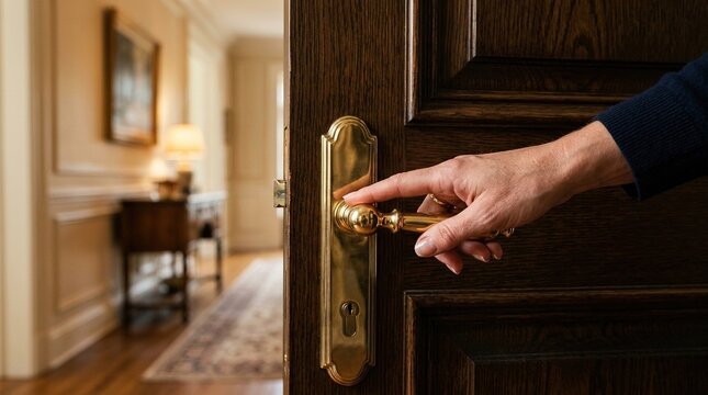 Close up of woman hand with gold ring holding ornate brass door handle on heavy dark wooden door leading into bright elegant classic interior room with lamp light.