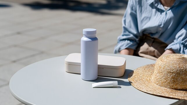 Straw hat with water bottle and sunscreen tube on outdoor cafe table