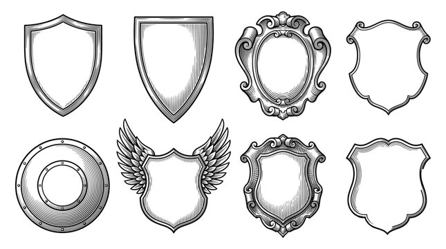 Set of Vintage Heraldic Shields and Ornate Frames in Woodcut Engraving Style
