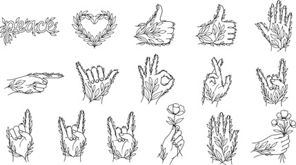 Fototapeta premium Hand gestures collection with floral botanical elements in black and white line art vector illustration set