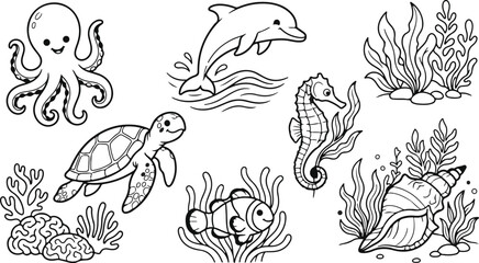 Fototapeta premium Black and white sea animals and plants