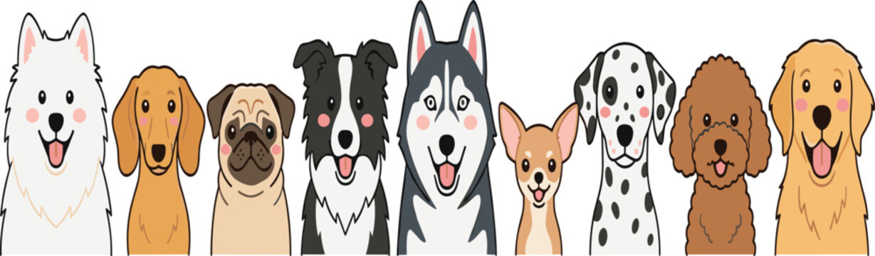 Cute Kawaii Dog Breeds Character Collection Featuring Samoyed Dachshund Pug Border Collie Husky Chihuahua Dalmatian Poodle and Golden Retriever