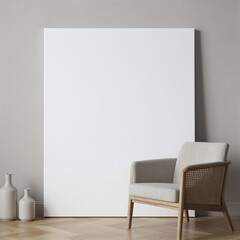 Fototapeta premium Minimalist interior scene with a blank canvas and armchair, ready for customization